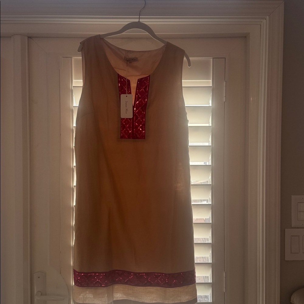 Sweet Miss XL Tan Linen Cotton Dress Pink Sequin Sleeveless Midi Dress Stunning